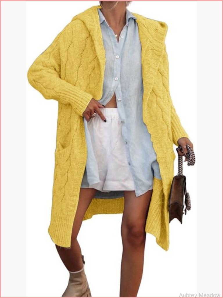 Cable Knit Hooded Long Cardigan Open Front Slouchy Sweater Coat With Pockets